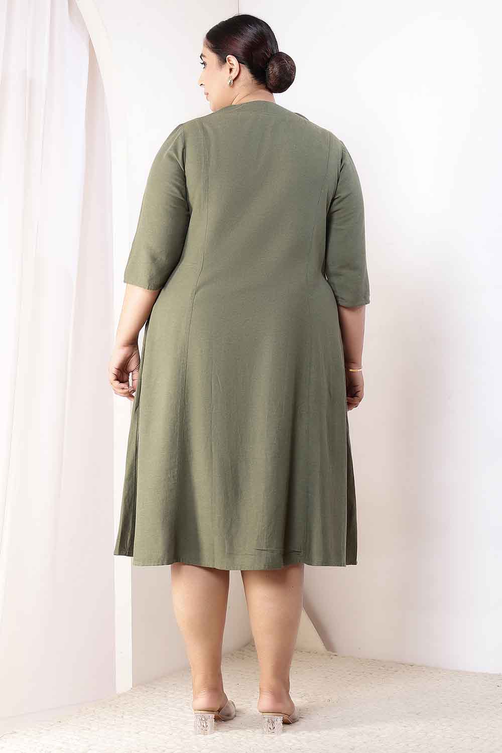 Plus Size Olive Green Cotton Linen Midi Dress