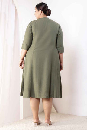 Plus Size Olive Green Cotton Linen Midi Dress