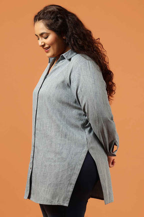 Plus Size Tort Blue Denim High Slit Longline Shirt