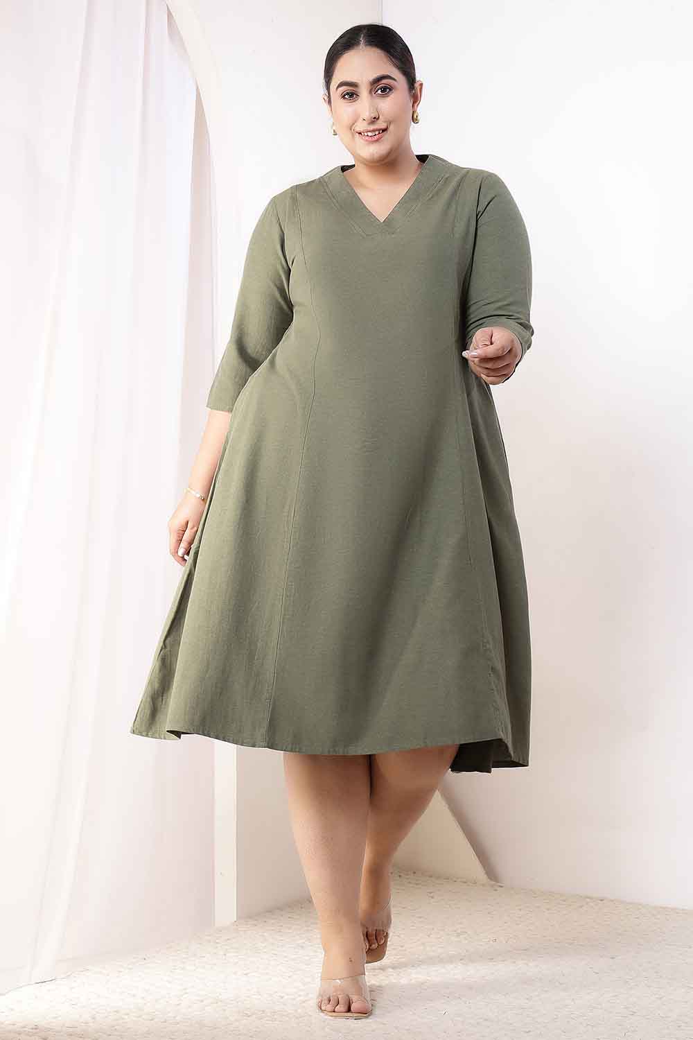 Plus Size Plus Size Olive Green Cotton Linen Midi Dress