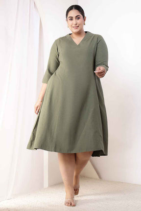 Plus Size Olive Green Cotton Linen Midi Dress