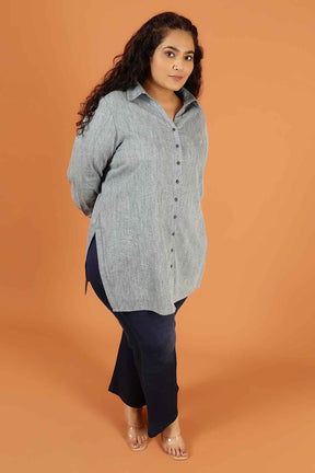 Plus Size Tort Blue Denim High Slit Longline Shirt