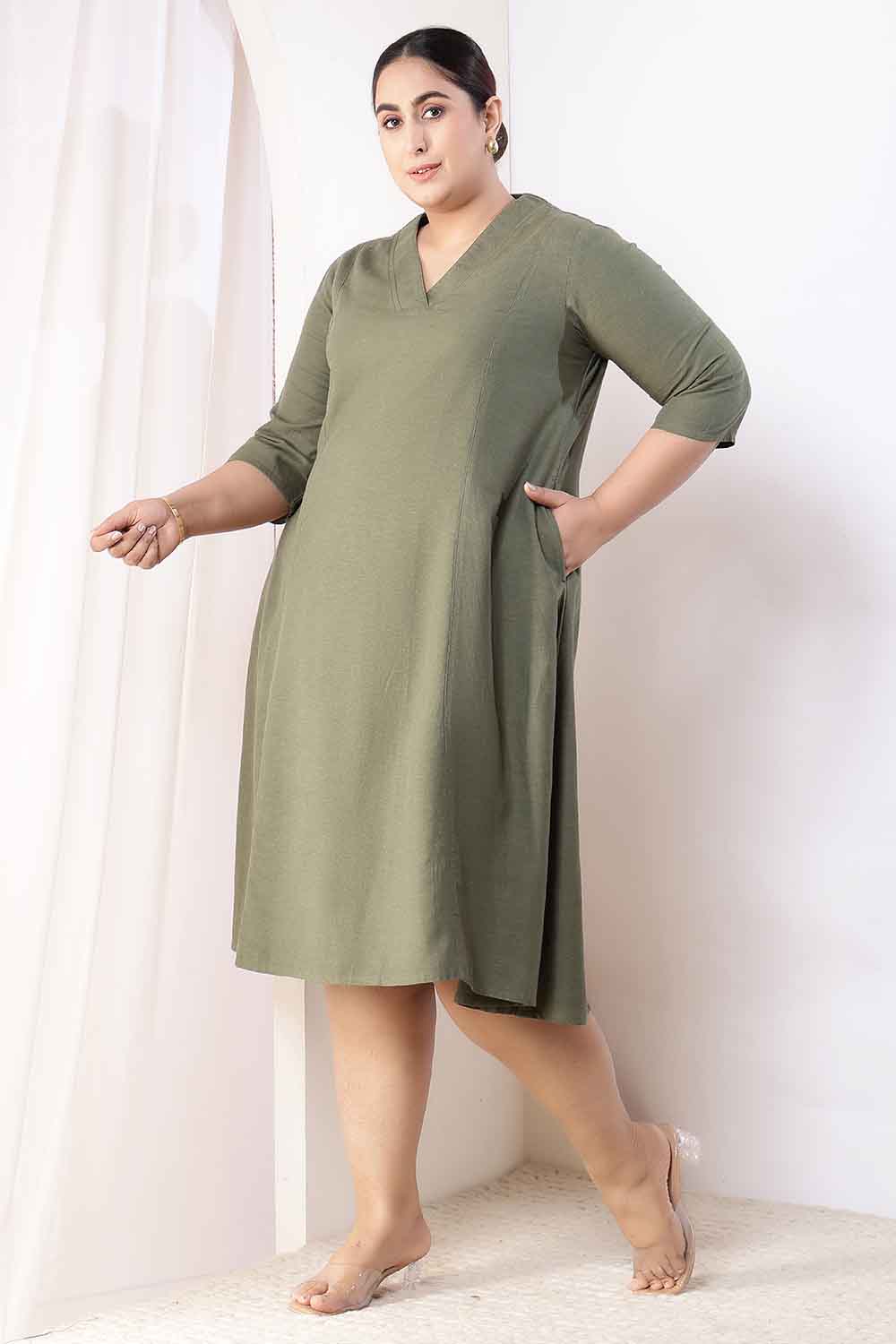 Plus Size Olive Green Cotton Linen Midi Dress