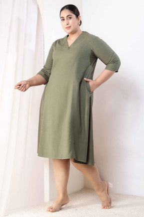 Plus Size Olive Green Cotton Linen Midi Dress