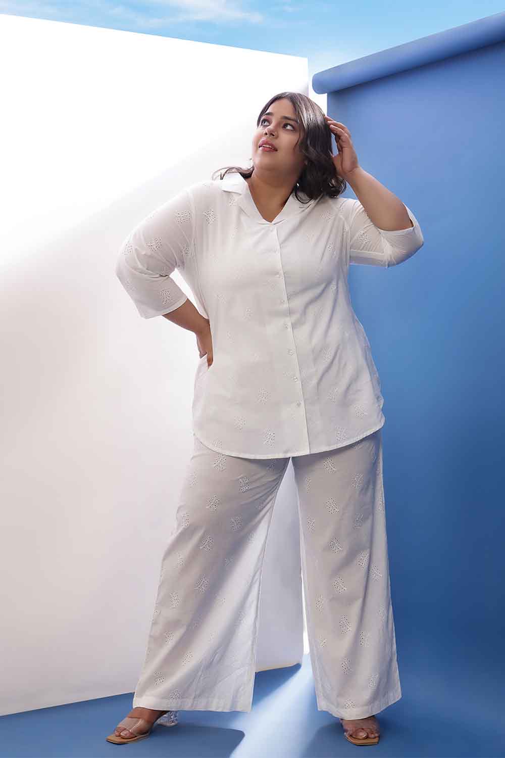 Plus Size White Cotton Schiffli  Shirt Coord Set