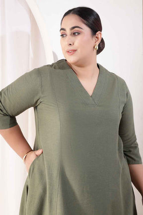 Plus Size Olive Green Cotton Linen Midi Dress