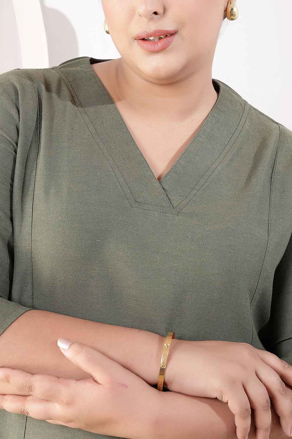 Comfortable Plus Size Olive Green Cotton Linen Midi Dress