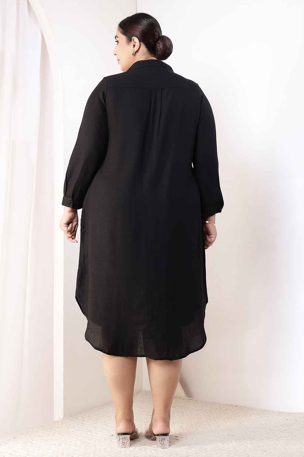 Plus Size Black Cotton Linen Shirt Dress