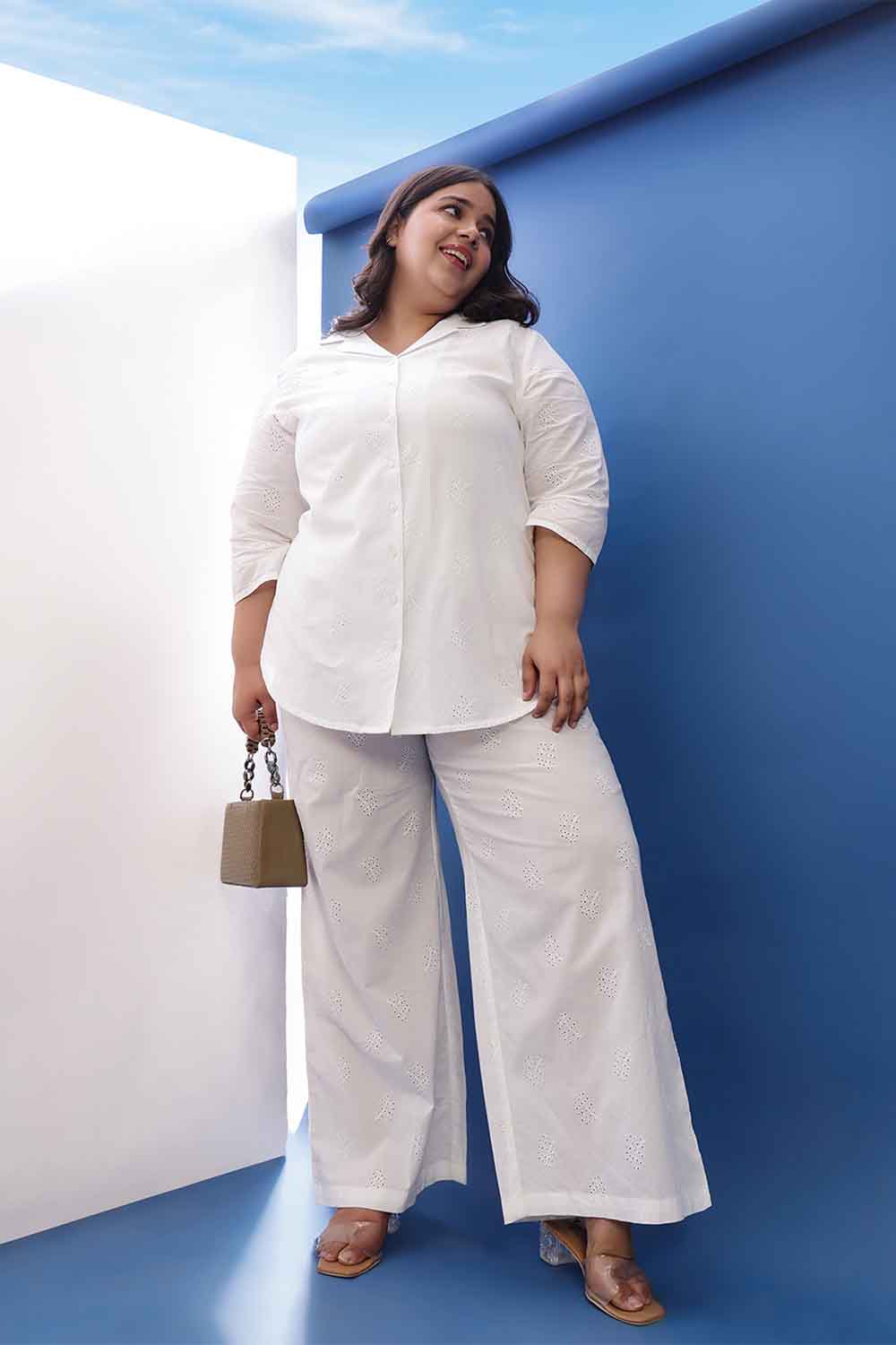 Plus Size White Cotton Schiffli  Shirt Coord Set