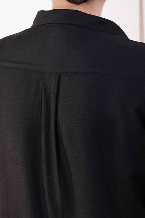 Plus Size Black Cotton Linen Shirt Dress