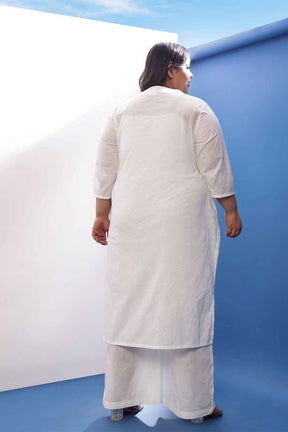 Plus Size White Cotton Schiffli  V Neck Kurta Coord Set