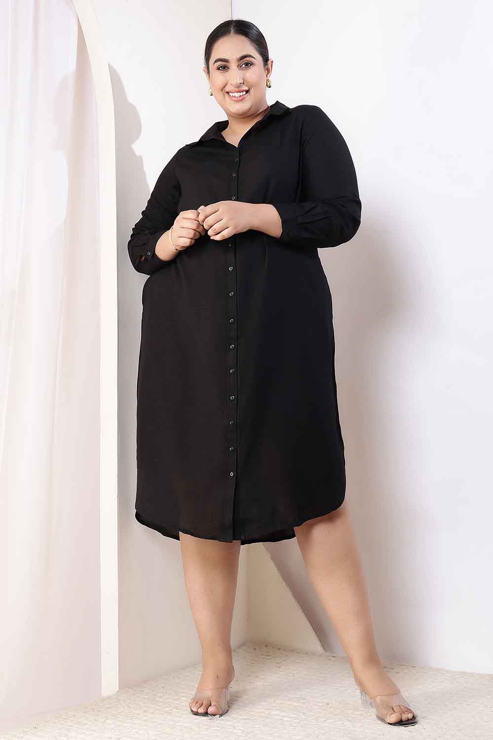 Plus Size Plus Size Black Cotton Linen Shirt Dress