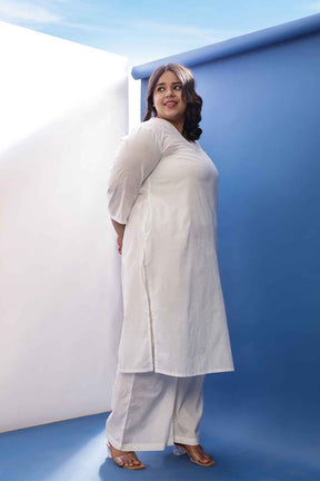 Plus Size White Cotton Schiffli  V Neck Kurta Coord Set