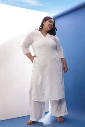 Plus Size White Cotton Schiffli  V Neck Kurta Coord Set