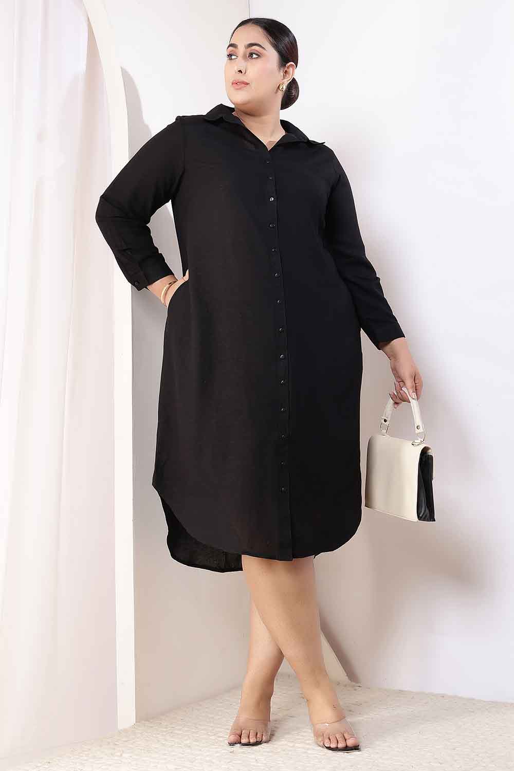 Plus Size Black Cotton Linen Shirt Dress