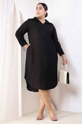 Plus Size Black Cotton Linen Shirt Dress