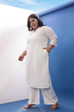 Plus Size White Cotton Schiffli  V Neck Kurta Coord Set