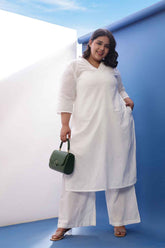 Plus Size White Cotton Schiffli  V Neck Kurta Coord Set
