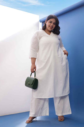 Plus Size White Cotton Schiffli  V Neck Kurta Coord Set