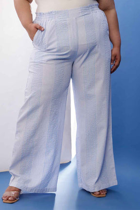 Plus Size Light Blue Striped V-Neck Cotton Kurta Coord Set