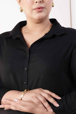 Plus Size Black Cotton Linen Shirt Dress