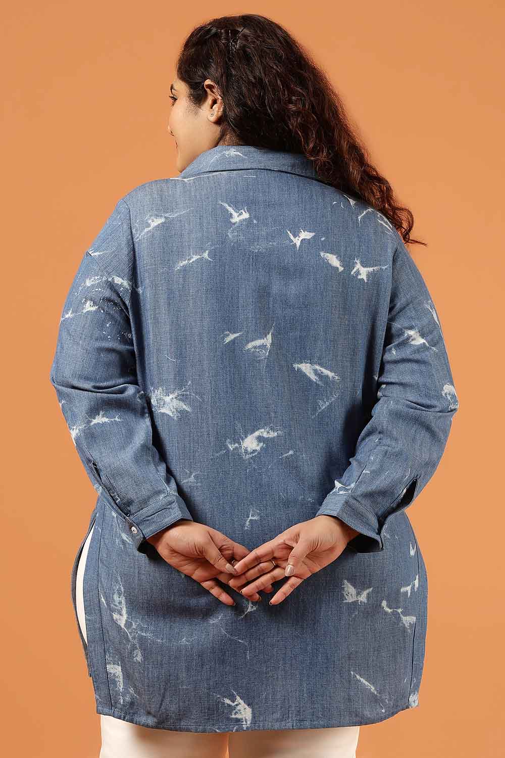 Plus Size Blue Marble Print Denim High Slit Longline Shirt