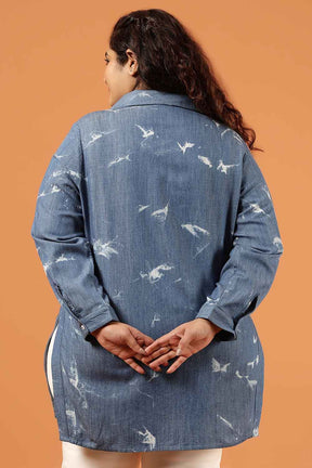 Plus Size Blue Marble Print Denim High Slit Longline Shirt