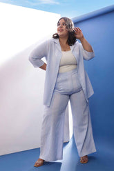 Plus Size Light Blue Striped Cotton Shirt Coord Set