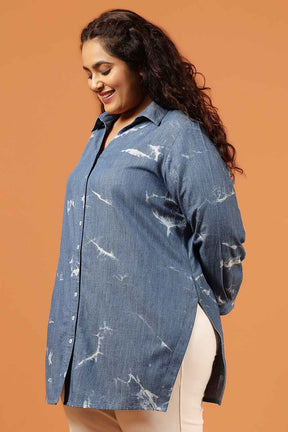 Plus Size Blue Marble Print Denim High Slit Longline Shirt