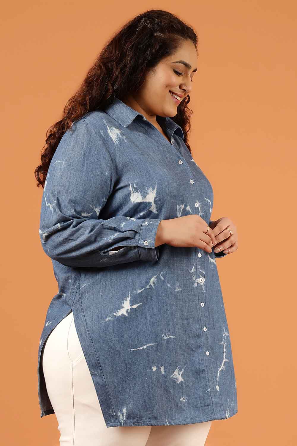 Plus Size Blue Marble Print Denim High Slit Longline Shirt