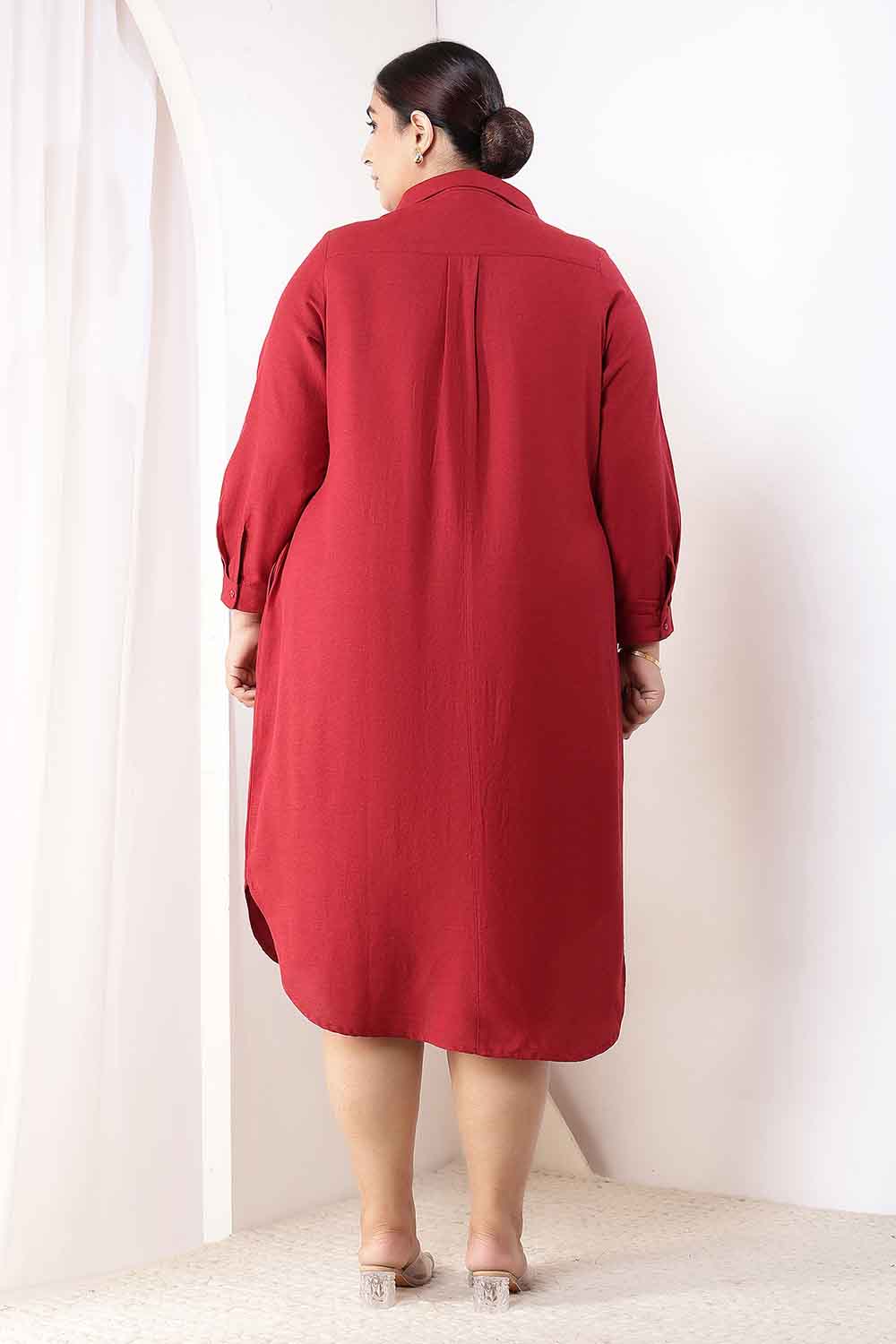 Plus Size Maroon Cotton Linen Shirt Dress