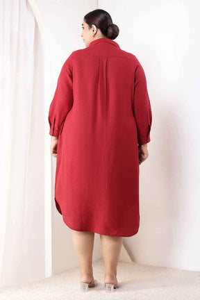 Plus Size Maroon Cotton Linen Shirt Dress