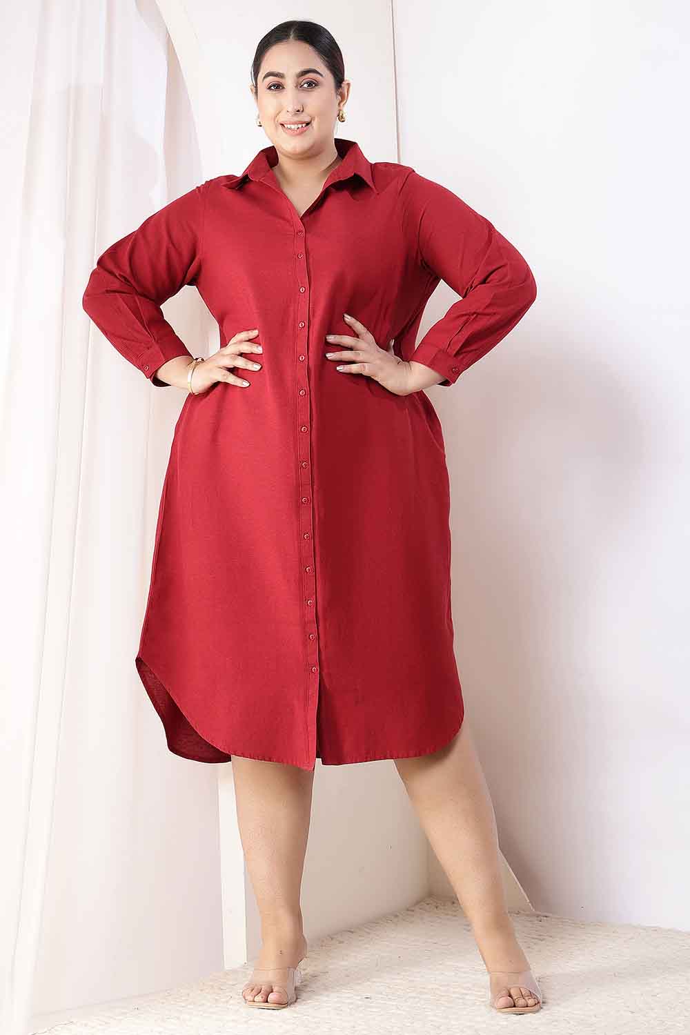 Plus Size Plus Size Maroon Cotton Linen Shirt Dress