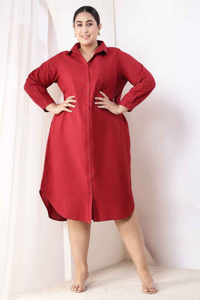 Plus Size Maroon Cotton Linen Shirt Dress