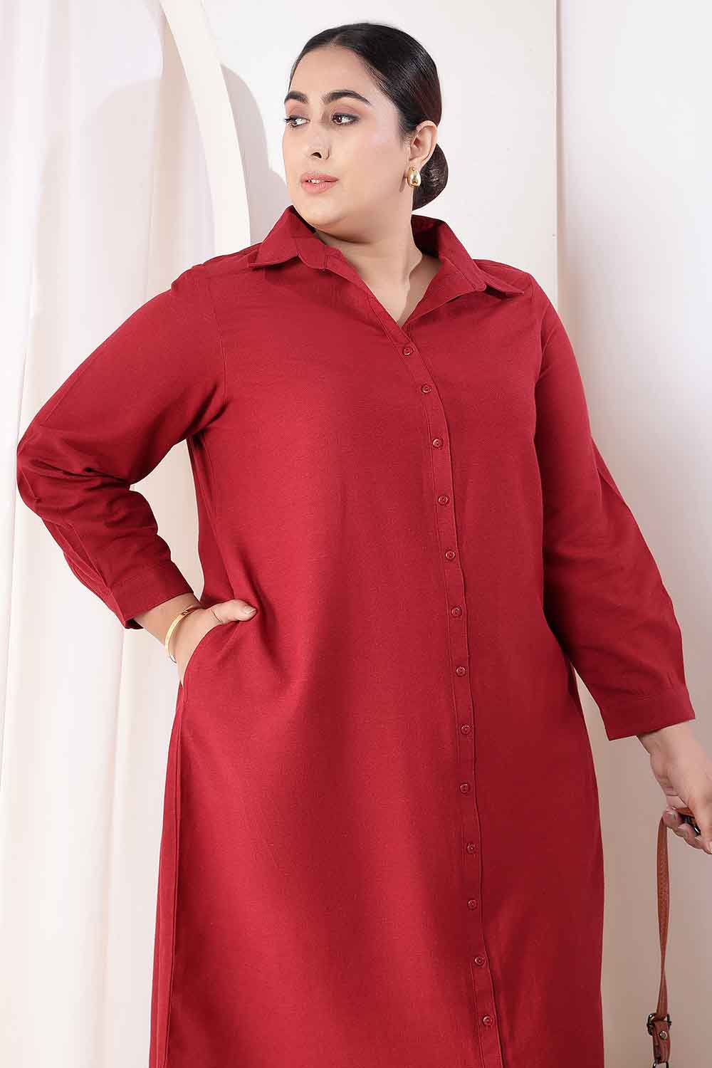 Plus Size Maroon Cotton Linen Shirt Dress