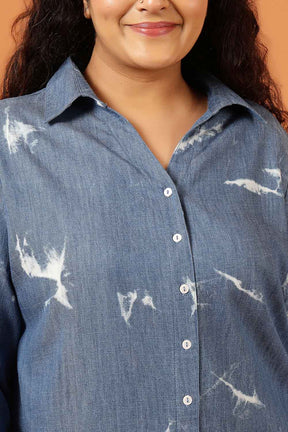 Plus Size Blue Marble Print Denim High Slit Longline Shirt