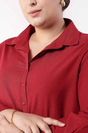 Plus Size Maroon Cotton Linen Shirt Dress