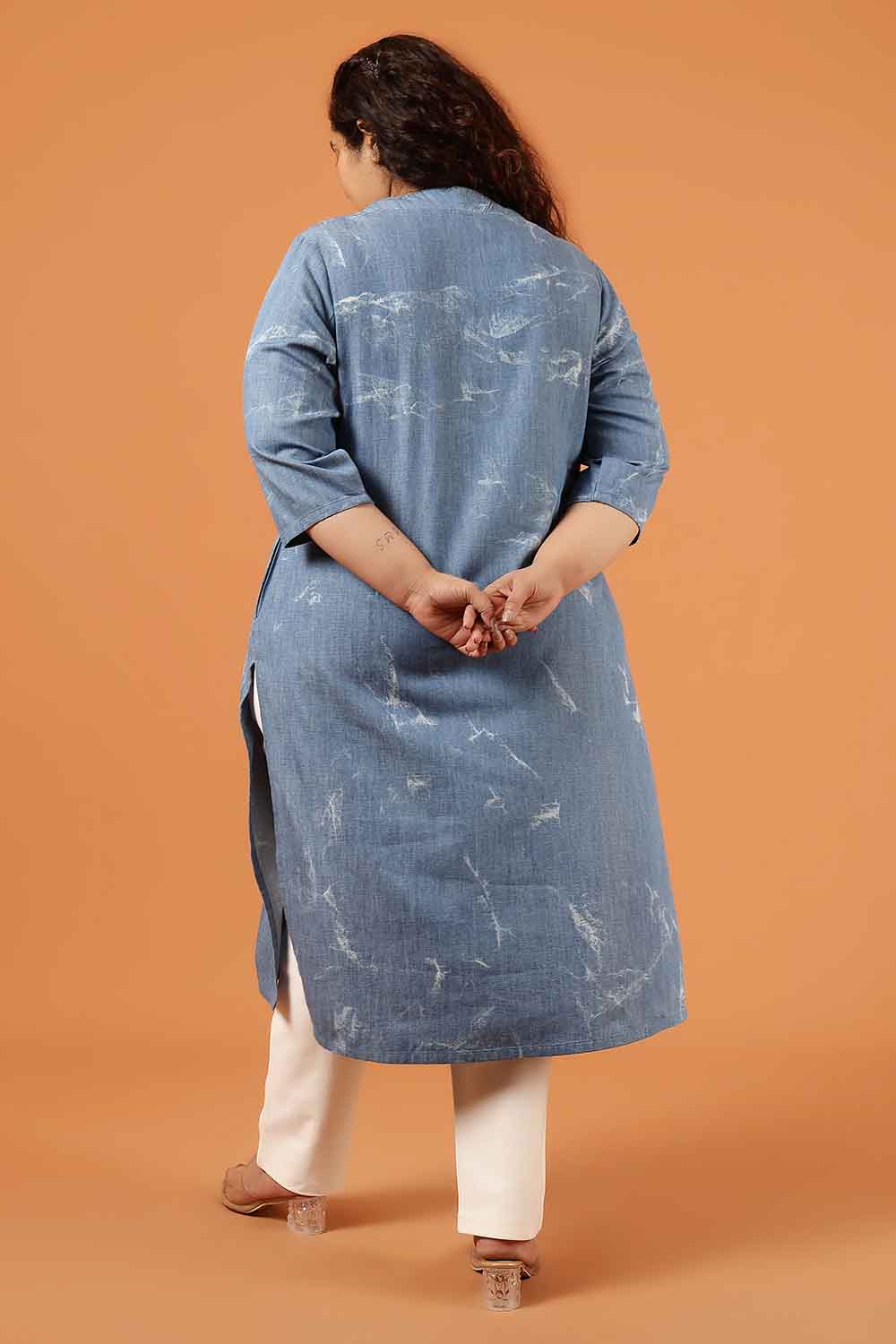Plus Size Denim Cotton V Neck Kurta Marble Wash