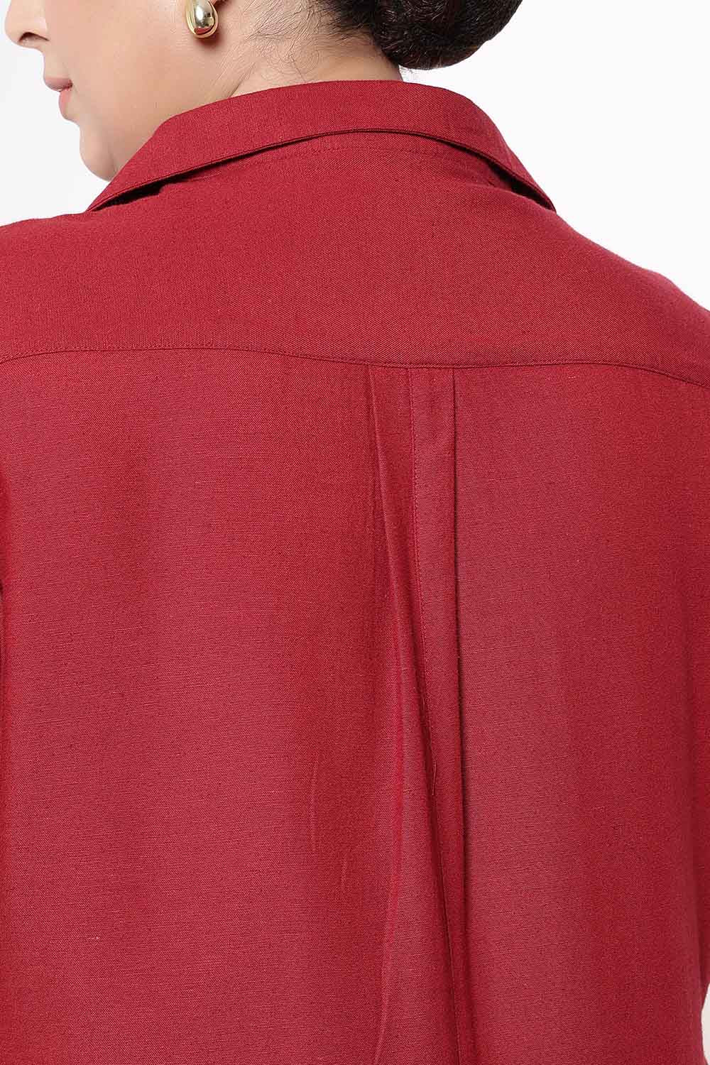 Comfortable Plus Size Maroon Cotton Linen Shirt Dress
