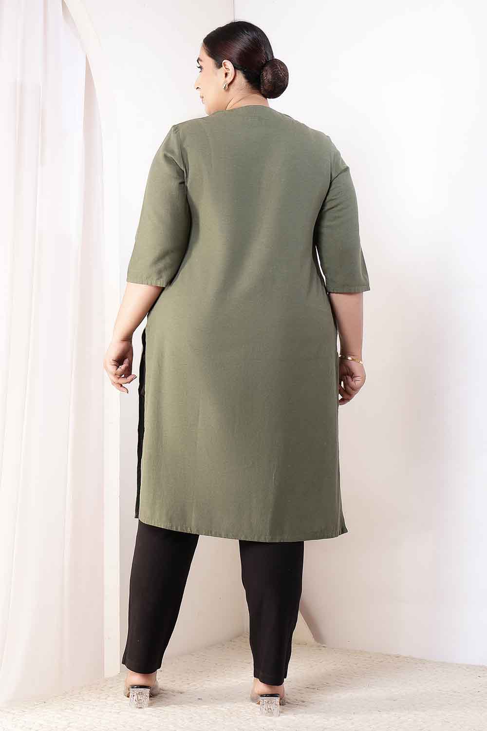 Plus Size Olive Green V-Neck Cotton Linen V Neck Kurta