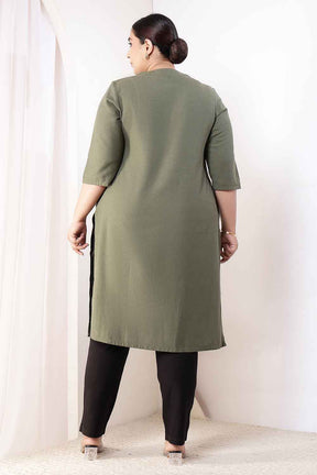 Plus Size Olive Green V-Neck Cotton Linen V Neck Kurta