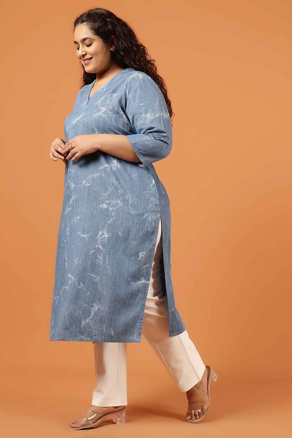 Comfortable Plus Size Denim Cotton V Neck Kurta Marble Wash