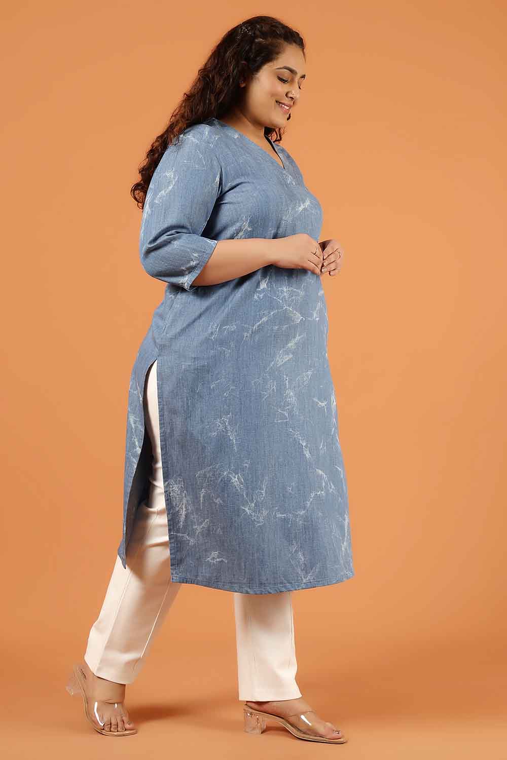 Plus Size Denim Cotton V Neck Kurta Marble Wash