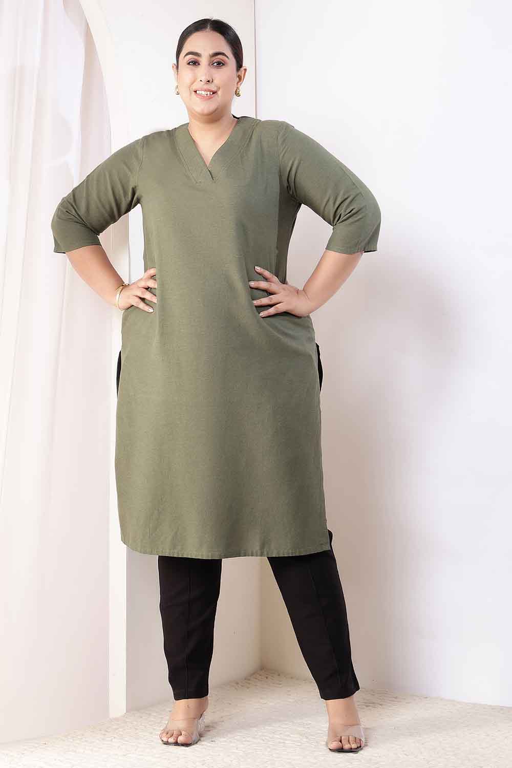 Plus Size Olive Green V-Neck Cotton Linen V Neck Kurta for Women