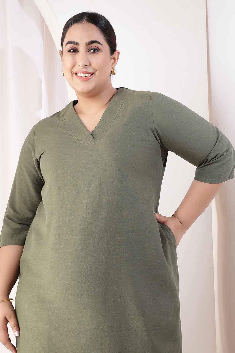 Plus Size Plus Size Olive Green V-Neck Cotton Linen V Neck Kurta