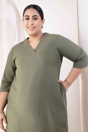 Plus Size Olive Green V-Neck Cotton Linen V Neck Kurta