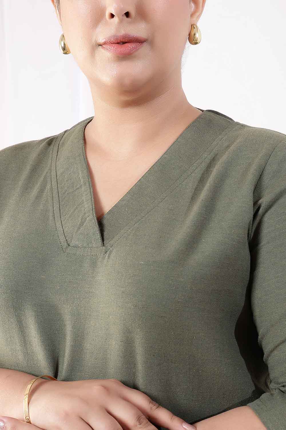 Comfortable Plus Size Olive Green V-Neck Cotton Linen V Neck Kurta