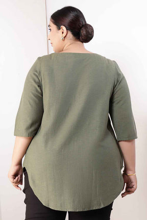 Plus Size Olive Green V-Neck Cotton Linen Top