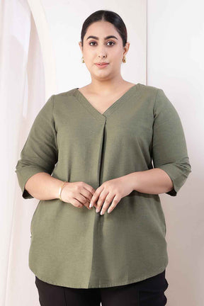 Plus Size Olive Green V-Neck Cotton Linen Top