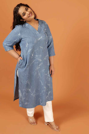 Plus Size Denim Cotton V Neck Kurta Marble Wash